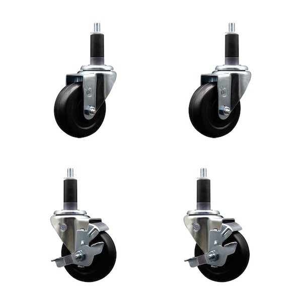 3.5'' Soft Rubber Wheel Swivel 1-1/8'' Expanding Stem Caster Set 2 Brakes, 4PK
